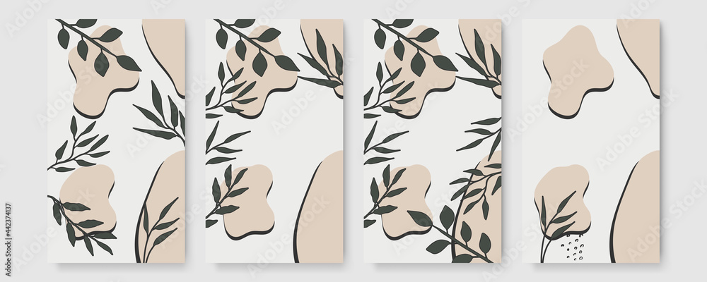 Vector design templates in simple modern style with copy space for text, flowers and leaves - wedding invitation backgrounds and frames, social media stories wallpapers
