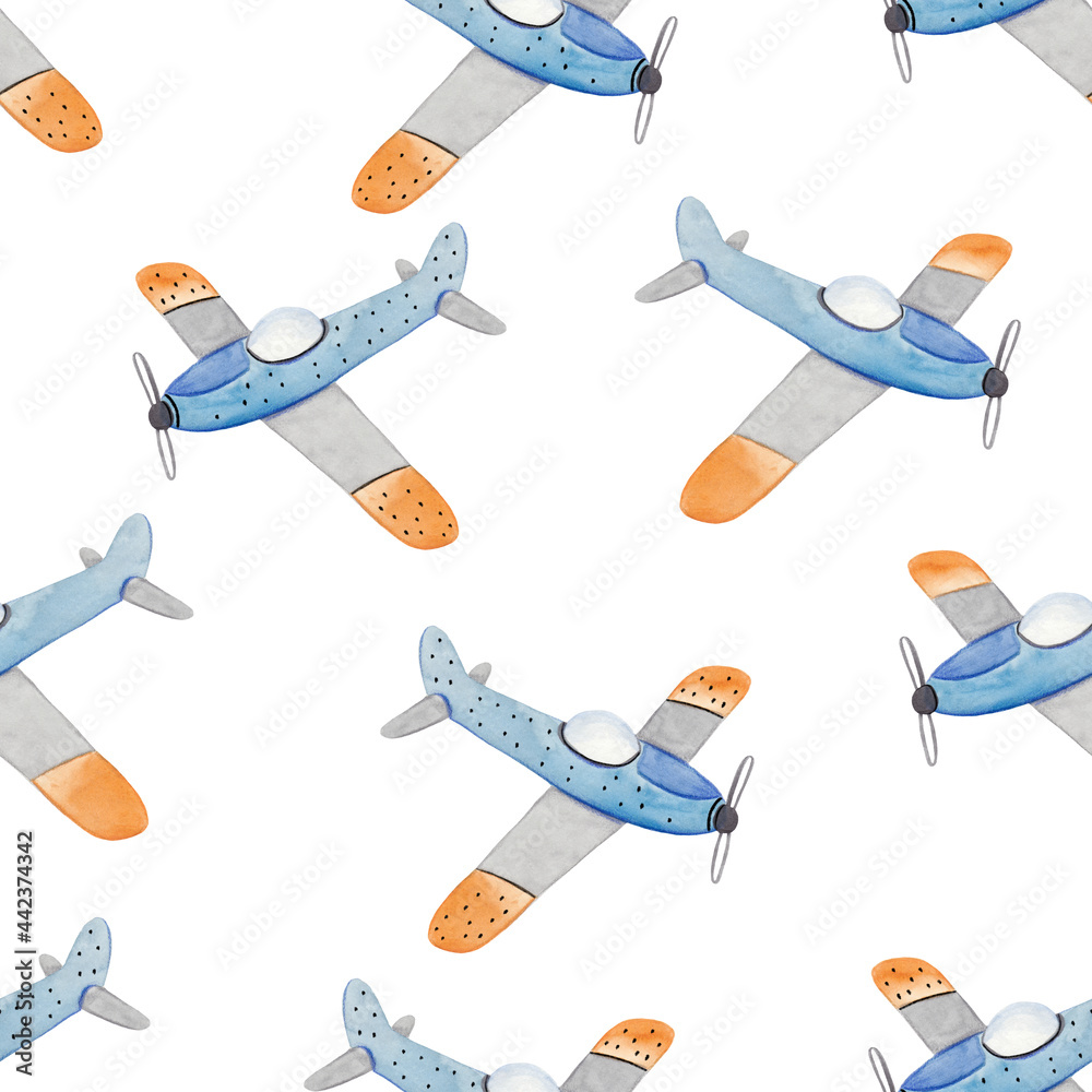 Watercolor cute hand-drawn seamless repeating children simple pattern with aircraft in Scandinavian style on a white background. Kids seamless pattern with planes. Funny airplanes. Trendy background.