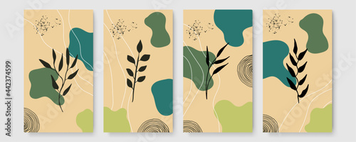 Set of floral universal artistic templates. Good for greeting cards, invitations, flyers and other graphic design. Organic background with blob, floral, leaf, abstract shapes and dots. Colourful art