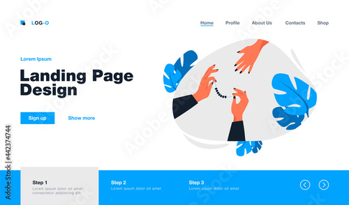 Man putting bracelet on girlfriends arm. Tropical plants leaves, sea in background flat vector illustration. Vacation, accessory, romance concept for banner, website design or landing web page