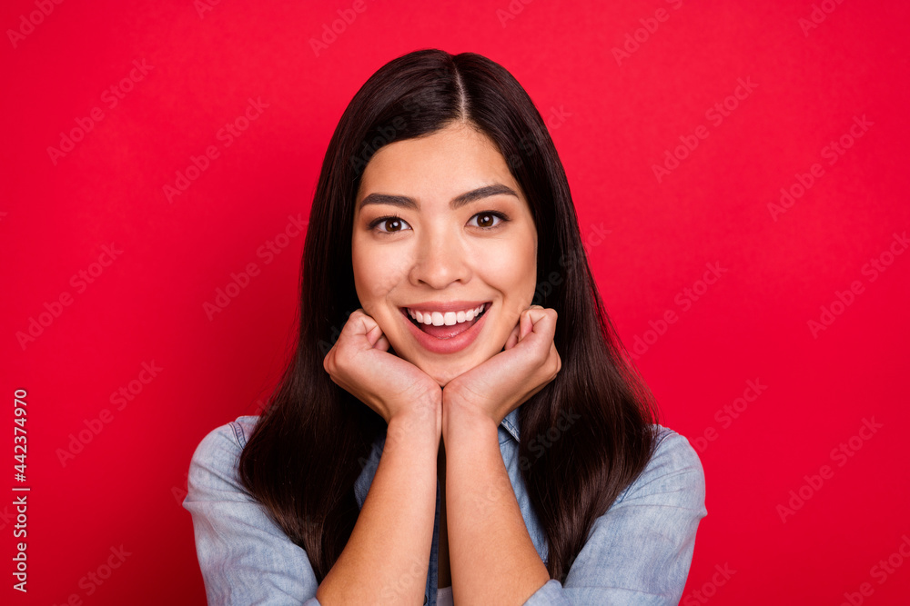 Portrait of attractive brown-haired cheerful glad girl enjoying good mood isolated over bright red color background Portrait of attractive brown-haired cheerful glad girl enjoying good mood isolated over bright red color background