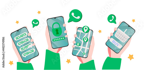 Smart phone conversation in messenger concept. app interface template. Hand hold gadget with social network, voice message, speech bubble, text UI. Isolated vector illustration