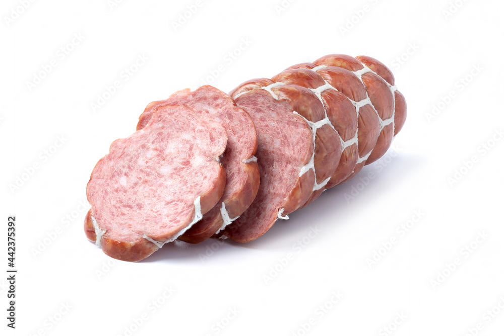 uncooked smoked sausage tied with a thin white rope, cut into pieces. isolated on white background.