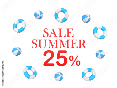 Banner with text summer discounts twenty five percent surrounded by beach balls. 3d illustration 