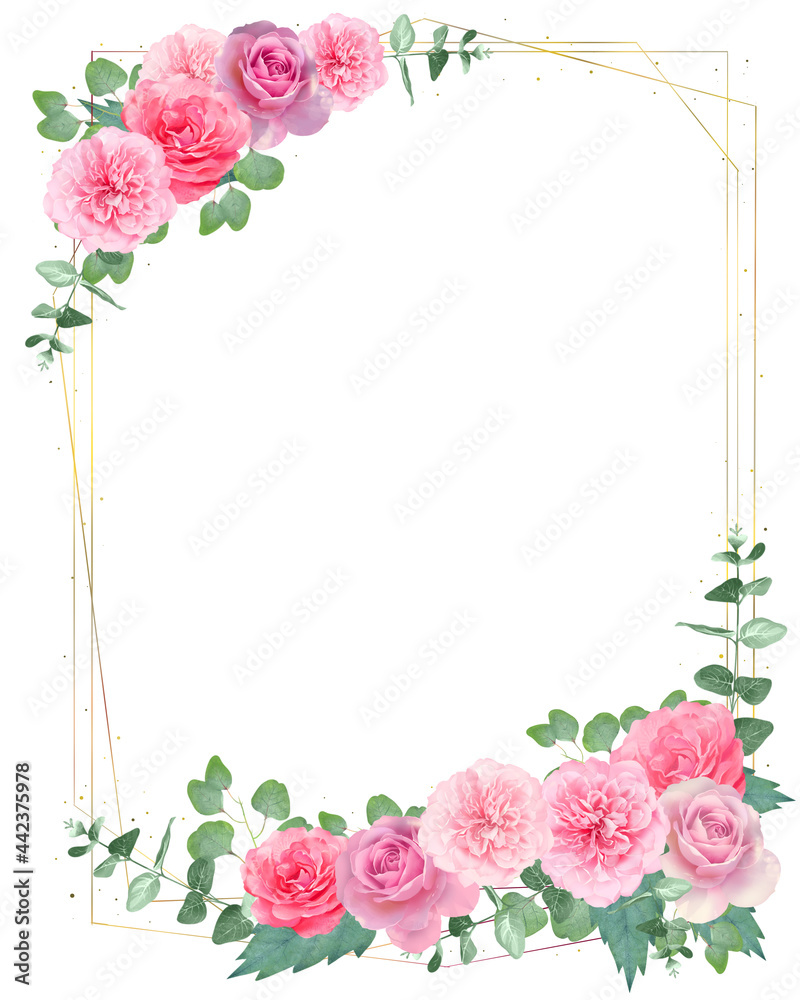 優しい色使いの花と植物の美しい白バックフレームイラスト素材