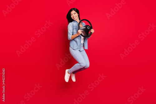Fotografie, Tablou Full length body size view of pretty cheerful girl jumping holding steering whee