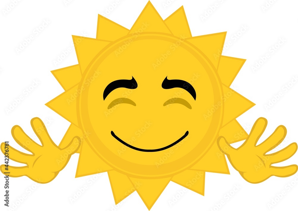Vector illustration of emoticon of cartoon character of the sun waving with his hands