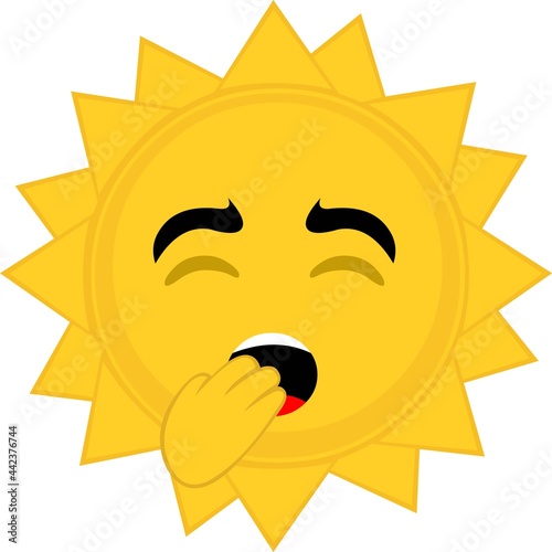 Vector emoticon illustration of a cartoon character of the sun, yawning with his hand in his open mouth