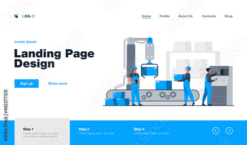 Factory workers and robotic arm removing packages from conveyor line. Engineer using computer and operating process. Vector illustration for business, production, machine technology concepts