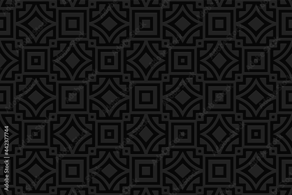 3D volumetric convex embossed geometric black background. Ethnic ornament with classic pattern in handcrafted style
Islam, Arabic, Indian, Turkish, Pakistani, Chinese, ottoman motives.