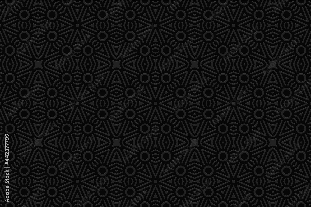 3D volumetric convex embossed geometric black background. Ethnic ornament with modern pattern in handcrafted style
Islam, Arabic, Indian, Turkish, Pakistani, Chinese, ottoman motives.
