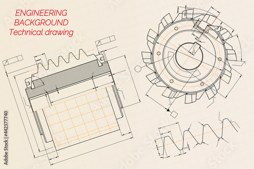 Mechanical engineering drawings on beige technical paper background. Cutting tools, milling cutter. Industrial Design. Cover. Blueprint. Business business. Vector illustration.