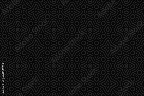 3D volumetric convex embossed geometric black background. Ethnic ornament with modern pattern in handcrafted style Islam, Arabic, Indian, Turkish, Pakistani, Chinese, ottoman motives. 