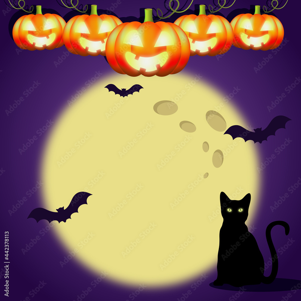 a postcard for the Halloween holiday. Against the background of the moon, a black cat with burning eyes is a bat. On top of pumpkins with sinister smiles.