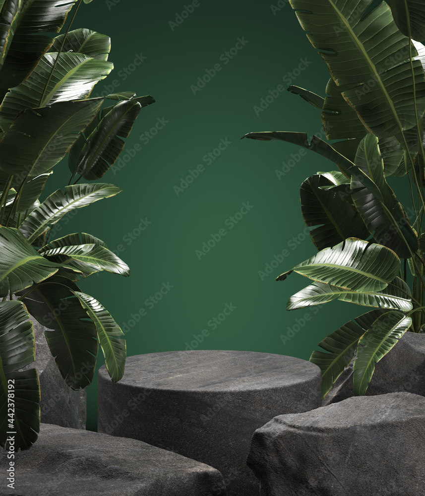 Fototapeta Empty stone podium for display product with tropical leaves. 3d illustration