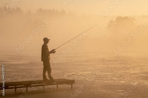 A fisherman with a fishing rod at dawn in the summer in the fog catches a fish
