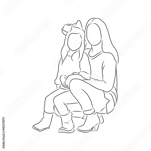 line drawing of mother hugs and plays with her child