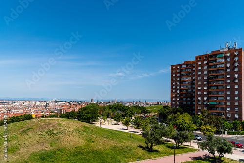 Skyline of Madrid from Tio Pio Park. Aerial cityscape a sunny day photo