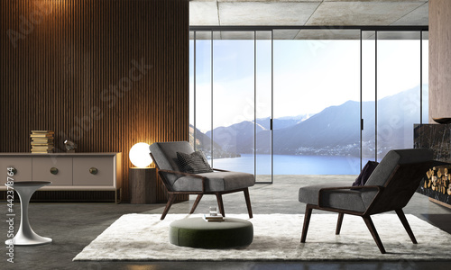 Modern interior design. Apartment with sea view. 3d illustration