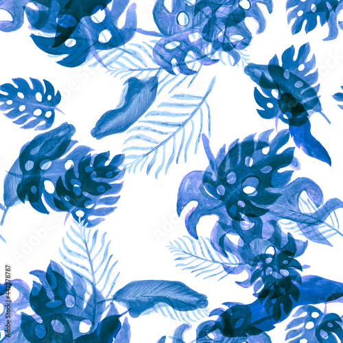 Indigo Seamless Plant. Azure Pattern Jungle. Navy Watercolor Jungle. Cobalt Tropical Design. Beryl Floral Plant. Blue Summer Design. Botanical Backdrop.