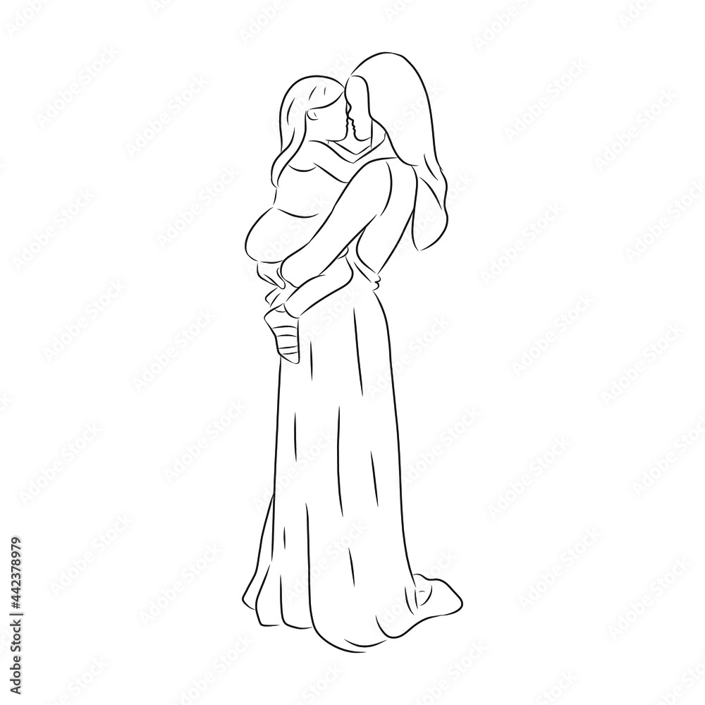 Fototapeta premium line drawing of mother held her baby in her arms