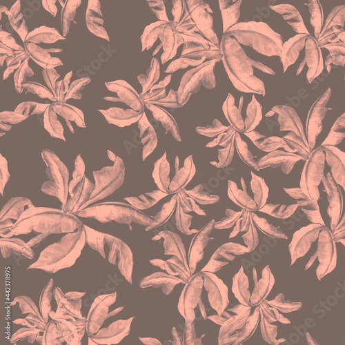 Gray Banana Leaf Texture. Pink Tropical Background. Coral Watercolor Textile. Seamless Design. Floral Jungle. Pattern Leaves. Botanical Decor.Vintage Textile.