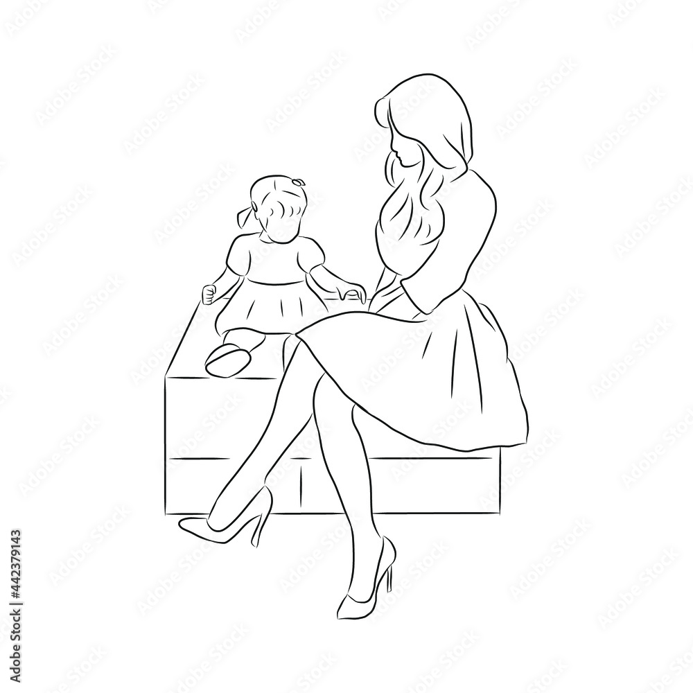 line drawing of mother sitting with her child