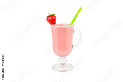 Glass of fresh strawberry milkshake, smoothie and fresh strawberries isolated on white background.