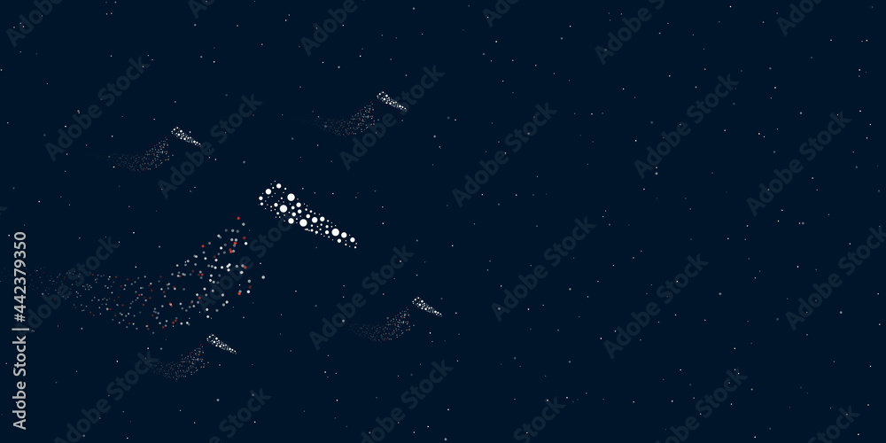 A hand saw symbol filled with dots flies through the stars leaving a trail behind. Four small symbols around. Empty space for text on the right. Vector illustration on dark blue background with stars
