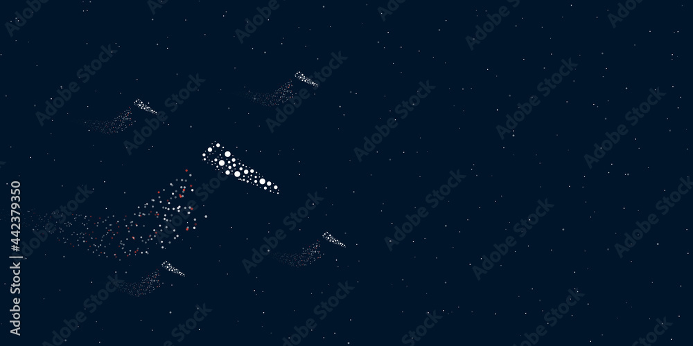 A hand saw symbol filled with dots flies through the stars leaving a trail behind. Four small symbols around. Empty space for text on the right. Vector illustration on dark blue background with stars A hand saw symbol filled with dots flies through the stars leaving a trail behind. Four small symbols around. Empty space for text on the right. Vector illustration on dark blue background with stars