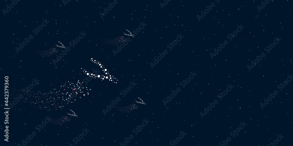 A pliers symbol filled with dots flies through the stars leaving a trail behind. Four small symbols around. Empty space for text on the right. Vector illustration on dark blue background with stars A pliers symbol filled with dots flies through the stars leaving a trail behind. Four small symbols around. Empty space for text on the right. Vector illustration on dark blue background with stars