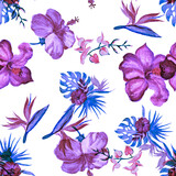 Indigo Hibiscus Illustration. Violet Flower Set. Blue Seamless Decor. Watercolor Backdrop. Pattern Set. Pink Tropical Painting. Exotic Garden. Art Foliage