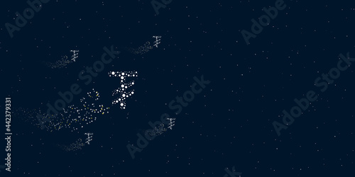 A tugrik symbol filled with dots flies through the stars leaving a trail behind. Four small symbols around. Empty space for text on the right. Vector illustration on dark blue background with stars