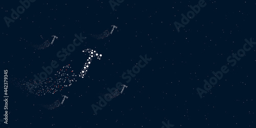 A hammer symbol filled with dots flies through the stars leaving a trail behind. Four small symbols around. Empty space for text on the right. Vector illustration on dark blue background with stars
