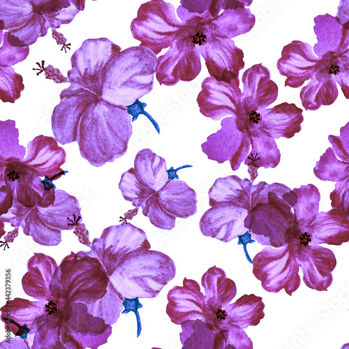 Lavender Hibiscus Leaf. Pink Flower Textile. Purple Seamless Textile. Vanilla Vintage Textile. Pattern Textile. Watercolor Backdrop. Tropical Leaves.