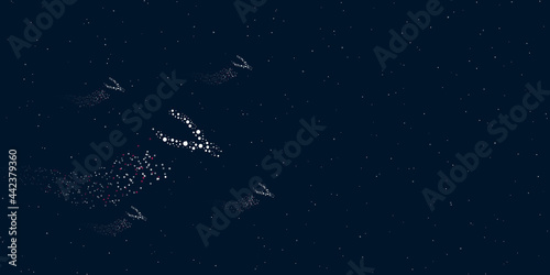 A pliers symbol filled with dots flies through the stars leaving a trail behind. Four small symbols around. Empty space for text on the right. Vector illustration on dark blue background with stars