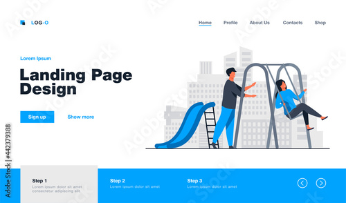 Young couple having fun on playground. Guy swinging girlfriend on swing flat vector illustration. Romance, outdoor activity, youth, date concept for banner, website design or landing web page