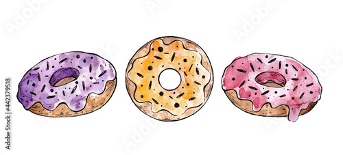 watercolor illustration of a delicious juicy donut on a white background. world donut day