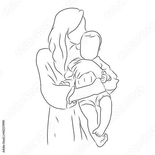 line drawing of the mother held the baby and smiled the cheek.