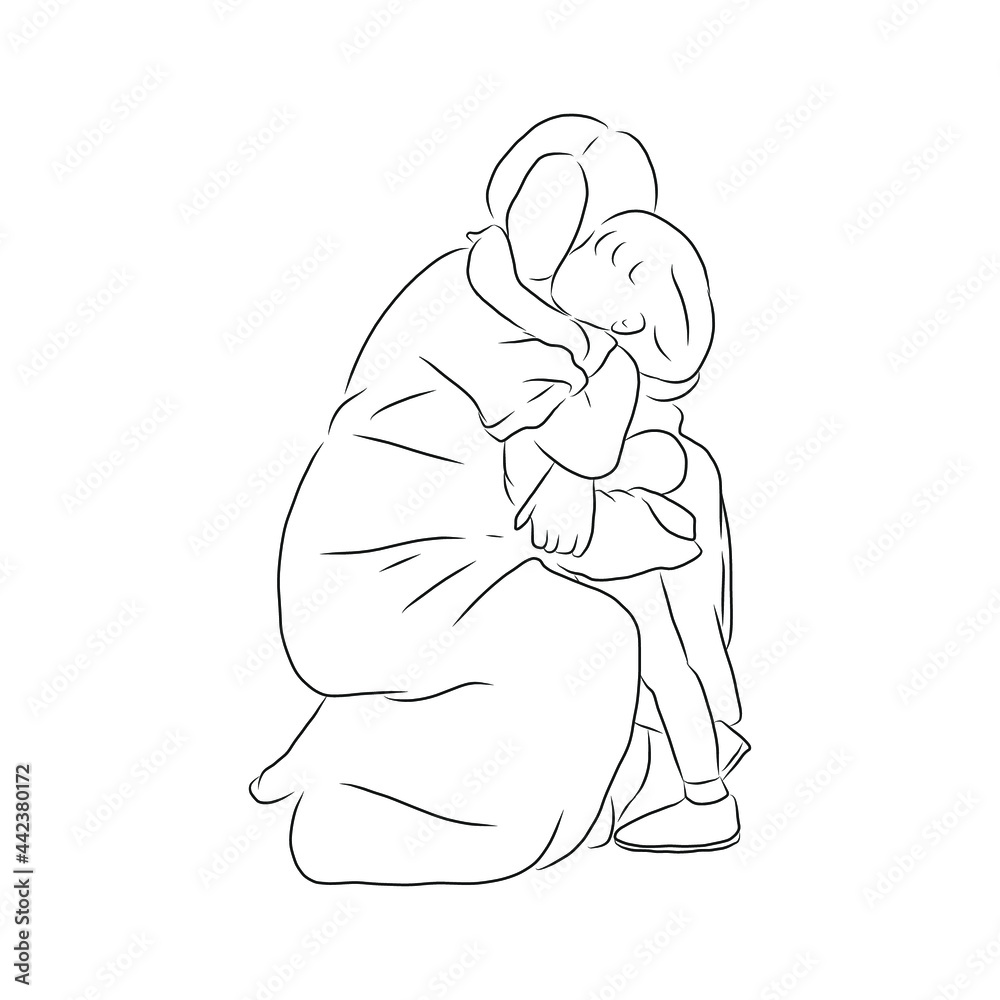 line drawing of Mother hugs her child line drawing of Mother hugs her child