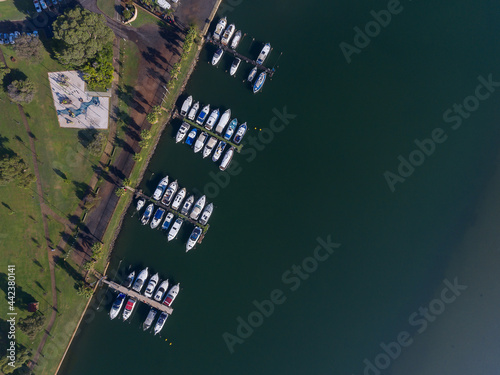 aerial photo looking down on moored yachts photo