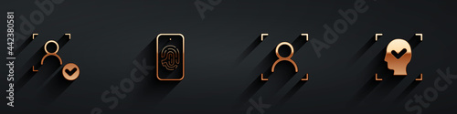 Set Face recognition, Mobile with fingerprint scan, and icon with long shadow. Vector