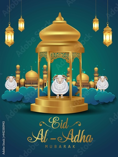 Eid Mubarak for the celebration of Muslim community festival Eid Al Adha. Greeting card with sacrificial sheep and green background. Vector illustration design.
