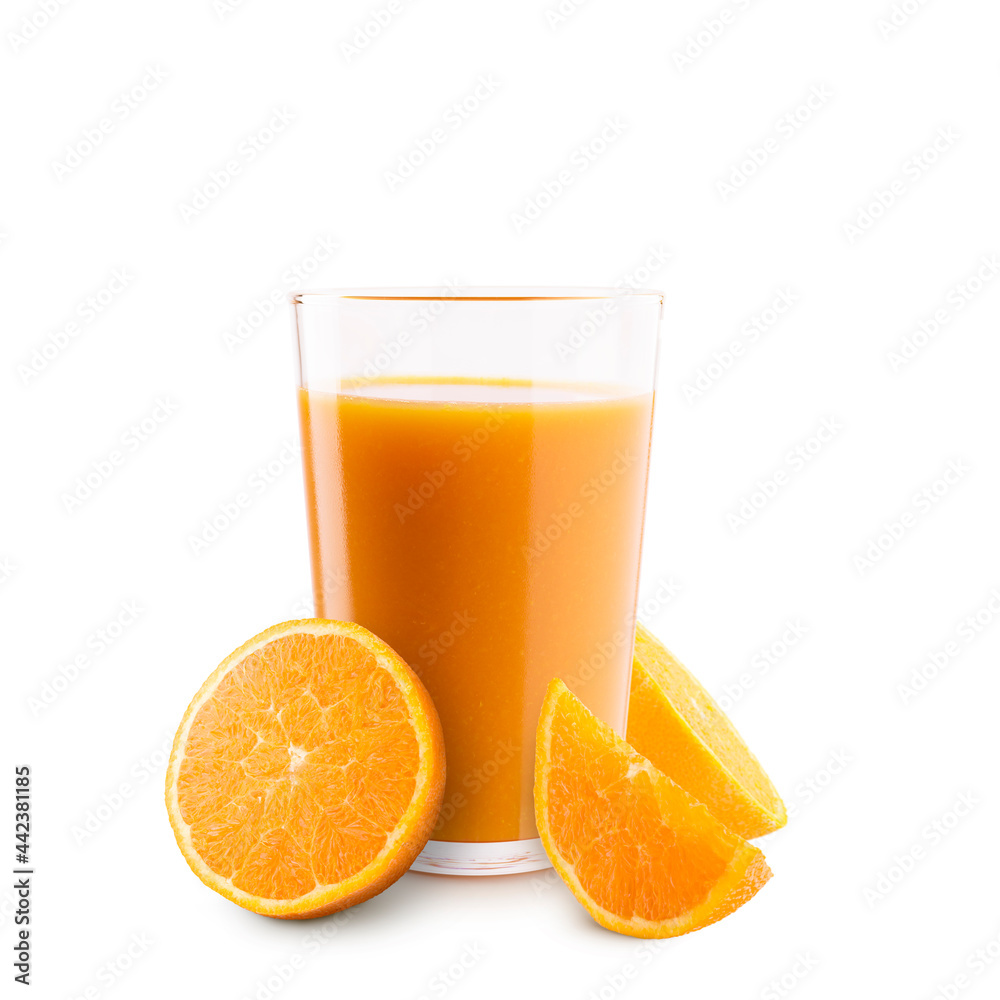 Glass of orange juice with orange slices on white background Glass of orange juice with orange slices on white background