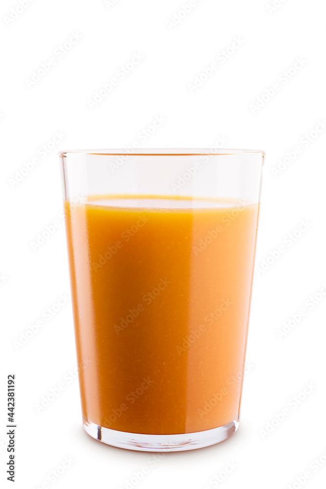 Glass of orange juice on white background