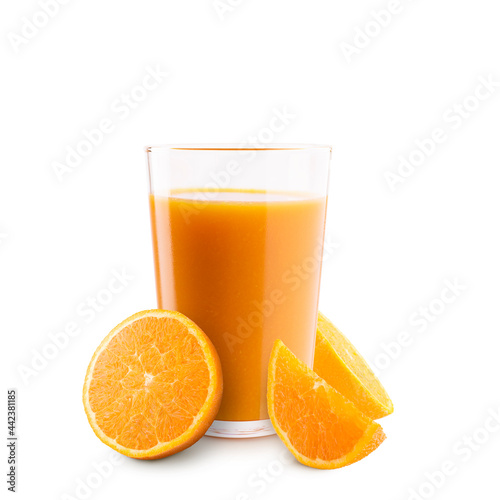 Glass of orange juice with orange slices on white background