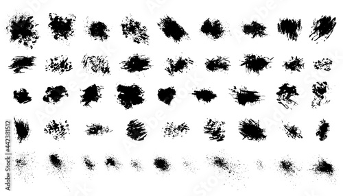 Brush strokes black ink vector set. Freehand grunge spots, stains, splashes, scratches for design. Template of abstract elements.