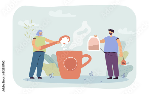 Man and woman brewing huge cup of tea. Flat vector illustration. Huge cup of boiling water, girl putting sugar in spoon and man putting tea bag in cup. Tea drinking, tradition, teamwork concept