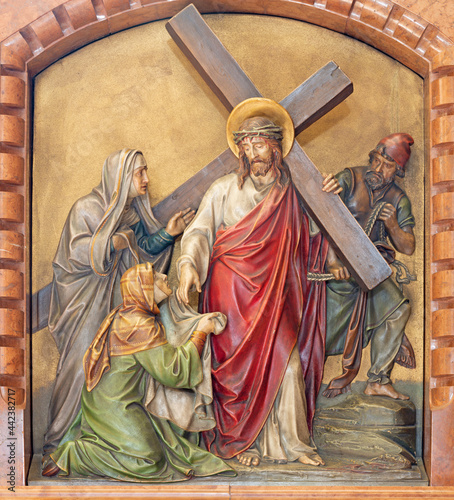 VIENNA, AUSTIRA - JUNI 18, 2021: The relief of Veronica wipes the face of Jesus in the Herz Jesu church from begin of 20. cent. by Workroom from Munich.