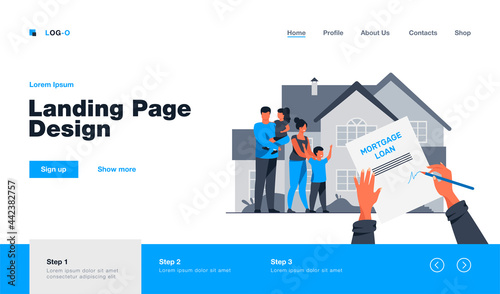 Happy family buying house. Hands of person signing mortgage loan agreement flat vector illustration. Property purchase, real estate, banking concept for banner, website design or landing web page